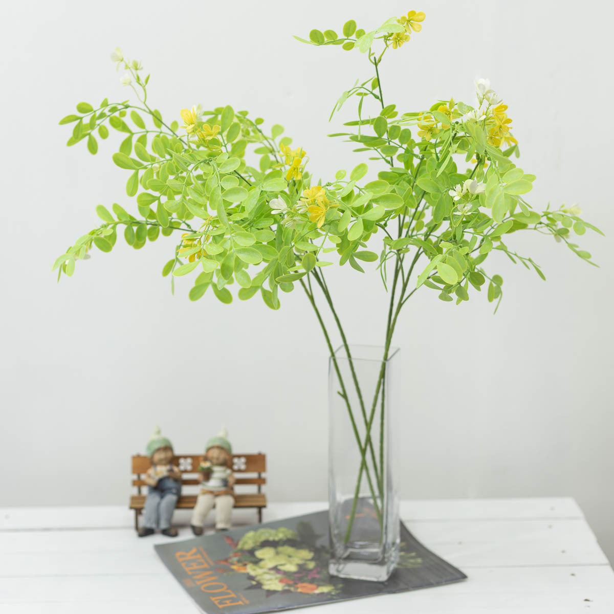 실크플라워 아카시아조화 잎사귀 꽃가지 라이트그린 80cm