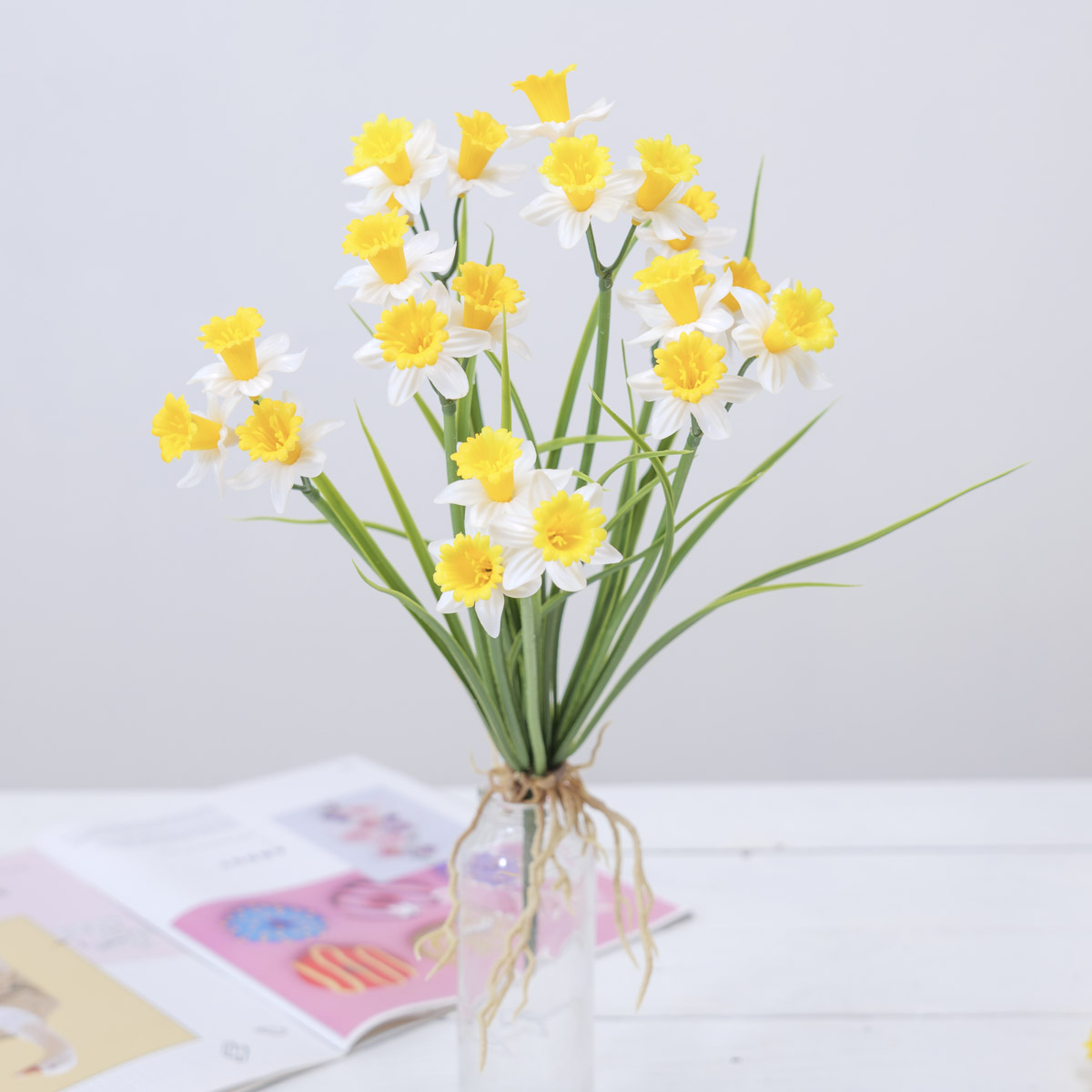 실크플라워 수선화조화 꽃 구근 리얼뿌리 부쉬 옐로우/화이트