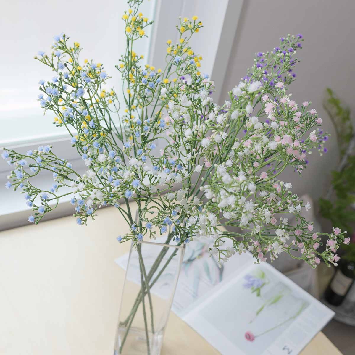 실크플라워 프레쉬 안개꽃조화 가지 60cm 색상별 1줄기씩 총 5줄기 화병에 담은 사진